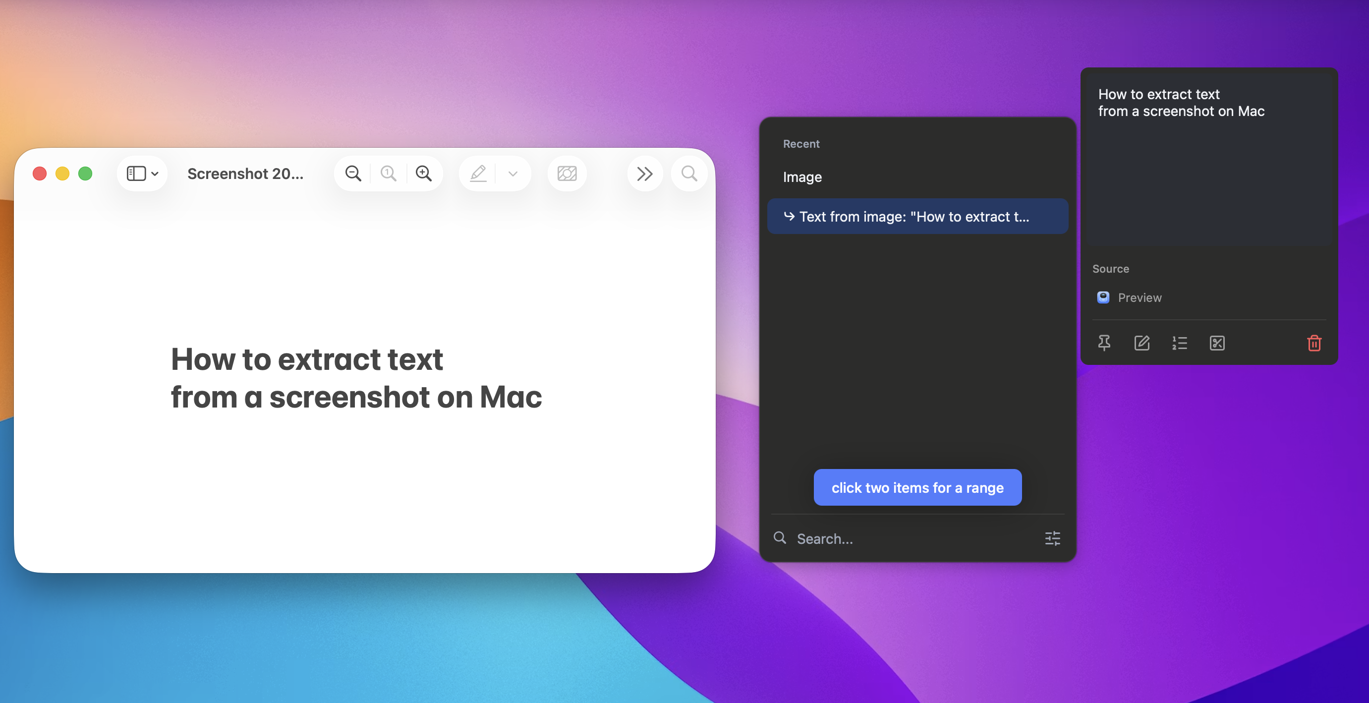 Mac screenshot of text being captured with Ctrl+Cmd+Shift+4 and the recognized text appearing in Maus clipboard history