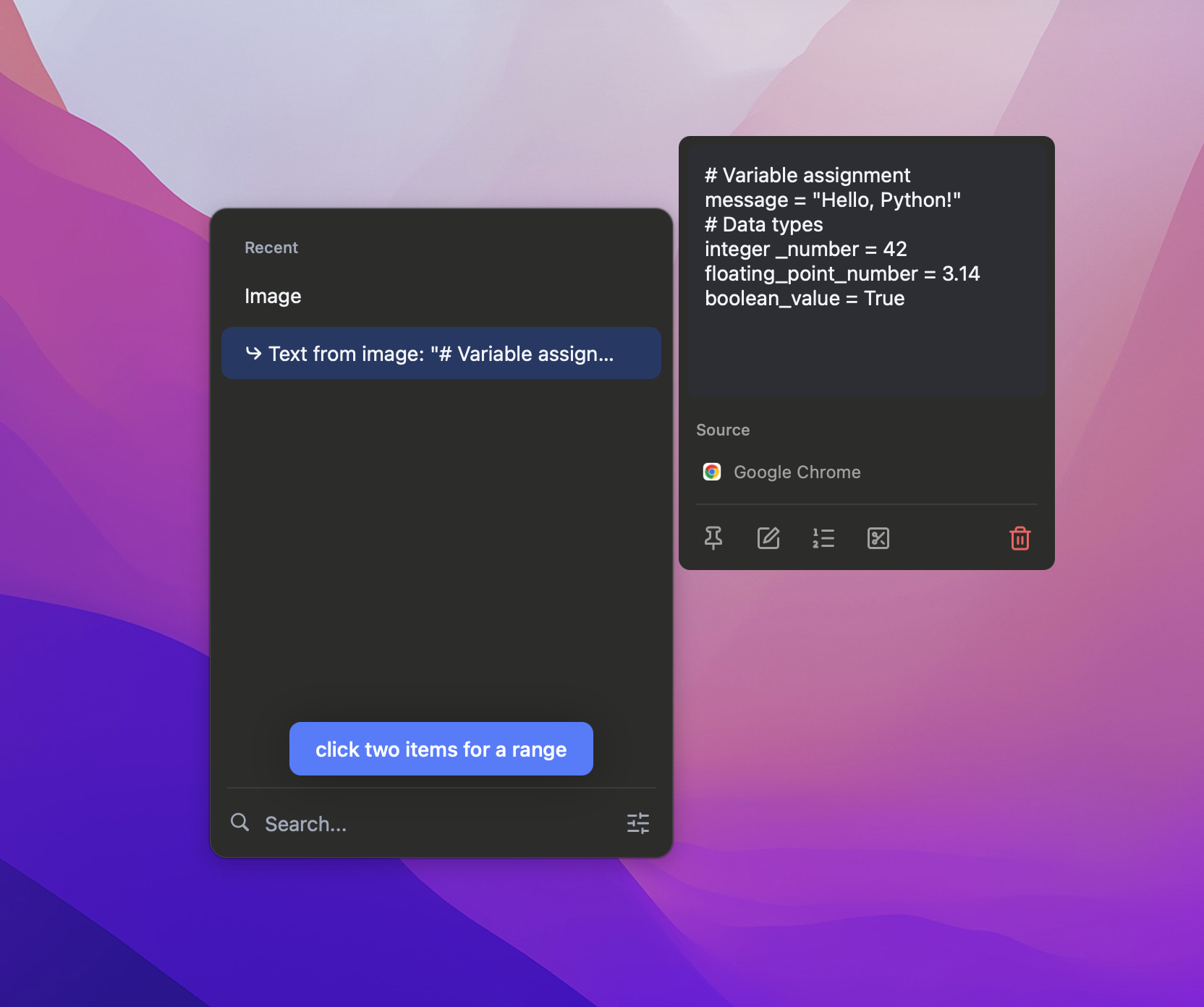 Maus clipboard history showing a screenshot followed by an automatically extracted text item below