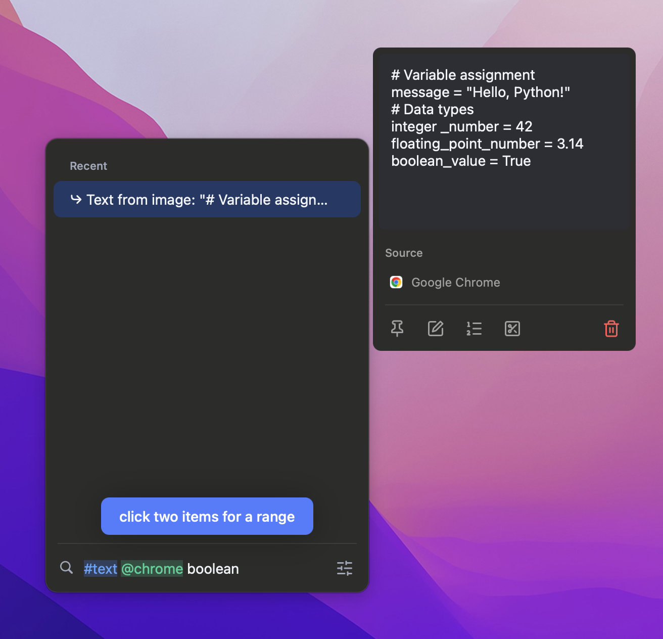 Searching Maus clipboard history by a word that only appears inside a screenshot's OCR-extracted text
